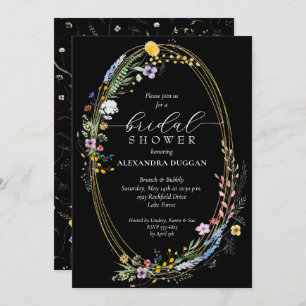 Chic Wildflower Wreath Black Bridal Shower Invitation