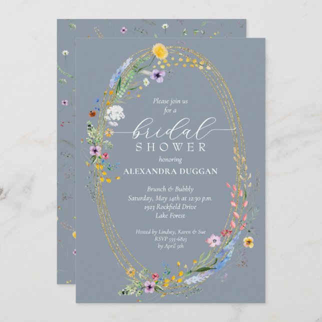 Chic Wildflower Wreath Dusty Blue Bridal Shower Invitation (Front/Back)