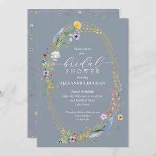 Chic Wildflower Wreath Dusty Blue Bridal Shower Invitation