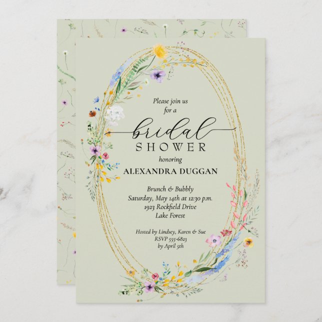 Chic Wildflower Wreath Sage Green Bridal Shower Invitation (Front/Back)