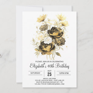 Chic Wildflowers Gold and Black 30th Birthday Invitation