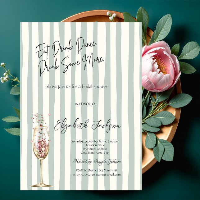 Chic Wine Glass Confetti Green Striped  Invitation (Creator Uploaded)