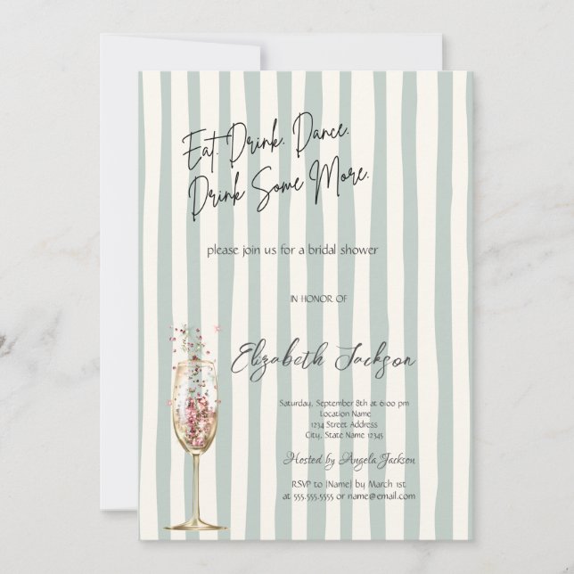 Chic Wine Glass Confetti Green Striped  Invitation (Front)