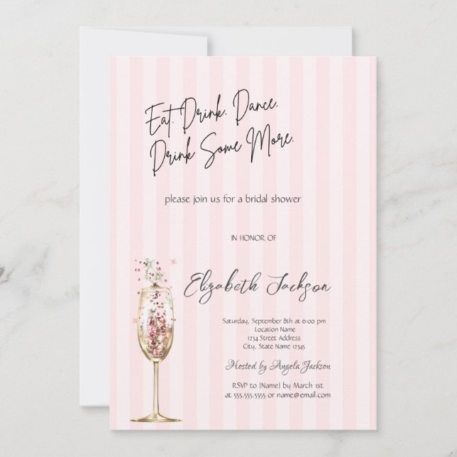 Chic Wine Glass Confetti Pink Striped  Invitation (Front)