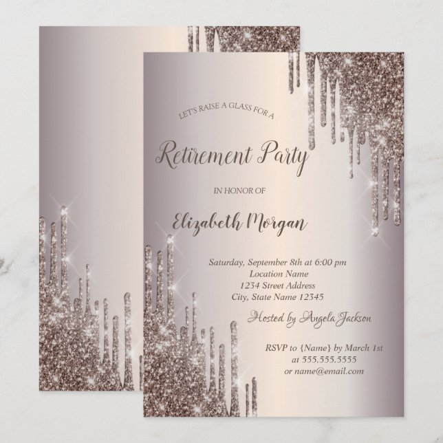 Chic Wine Glass Glitter Drops Retirement   Invitation (Front/Back)