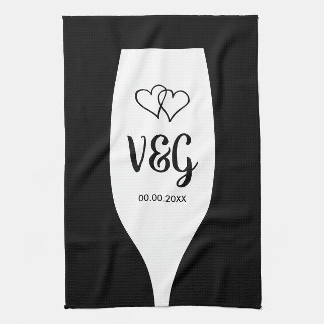 Chic wine glass monogram wedding favor kitchen tea towel (Vertical)