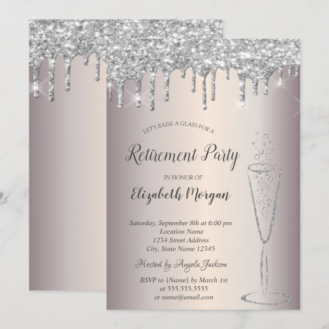 Chic Wine Glass Silver Glitter Drops Retirement  Invitation (Front/Back)