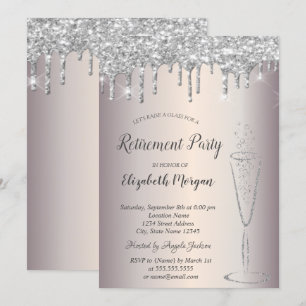 Chic Wine Glass Silver Glitter Drops Retirement  Invitation