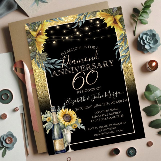 Chic Wine,Glass, Sunflowers Anniversary Invitation (Creator Uploaded)
