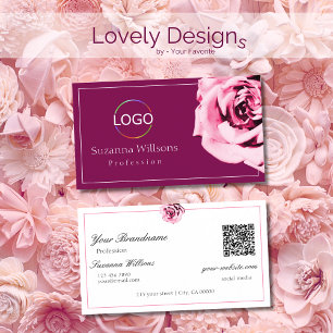 Chic Wine Red and White Pink Rose Logo QR Code Business Card