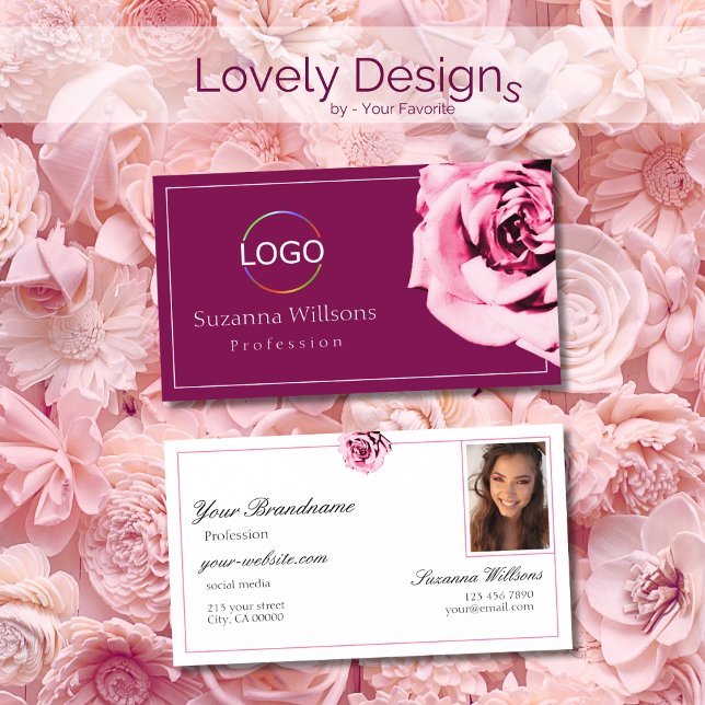 Chic Wine Red and White Pink Rose with Logo Photo Business Card (Creator Uploaded)
