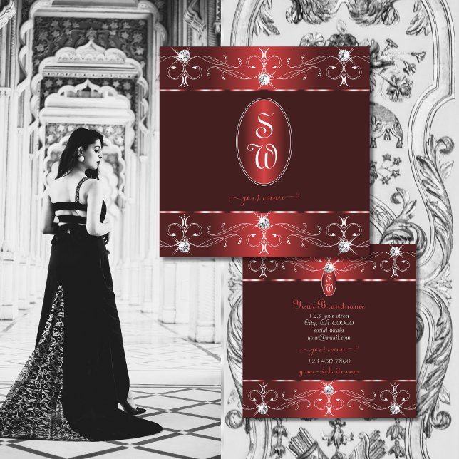 Chic Wine Red Burgundy Ornate Ornaments Initials Square Business Card (Creator Uploaded)