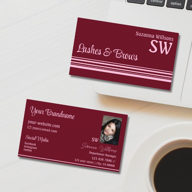 Chic Wine Red Pink Stripes with Monogram and Photo Business Card (Creator Uploaded)