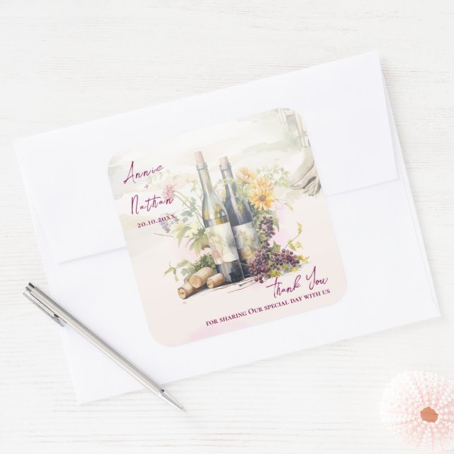 Chic Winery Inspired Vineyard Wedding Thank You Square Sticker (Envelope)