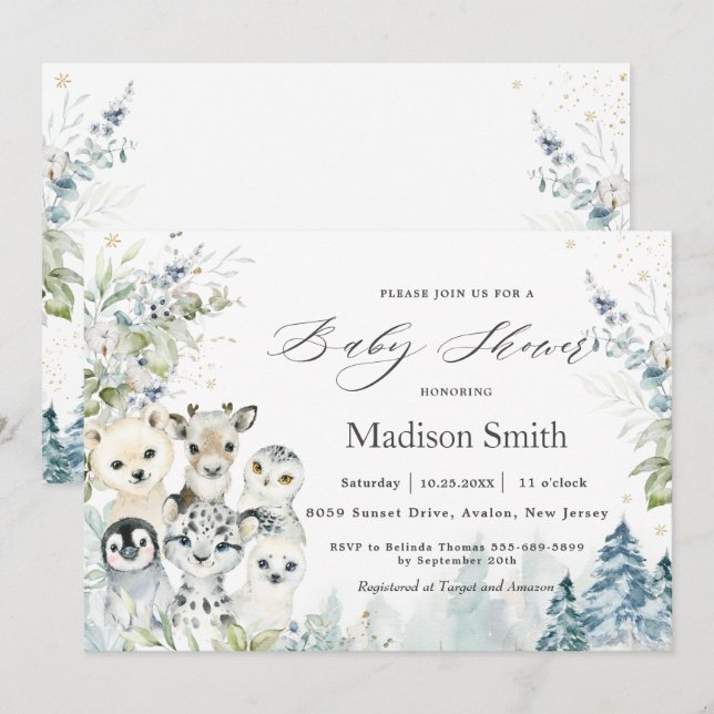 Chic Winter Arctic Alpine Animals Baby Shower Invitation (Front/Back)