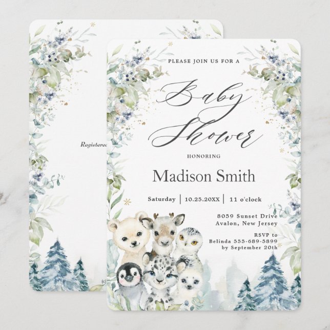 Chic Winter Arctic Animals Baby Shower Neutral Invitation (Front/Back)