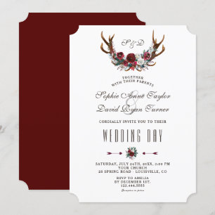 Chic Winter Burgundy Floral Antlers Gold Wedding Invitation