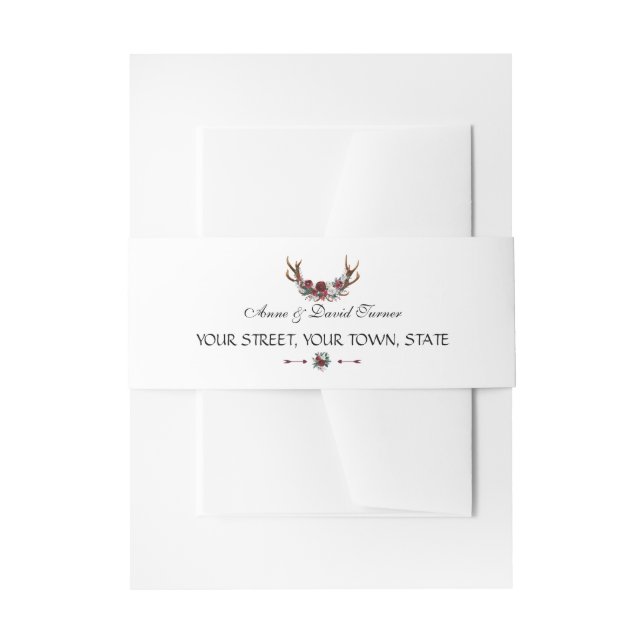 Chic Winter Burgundy Floral Antlers Wedding Invitation Belly Band (Front Example)