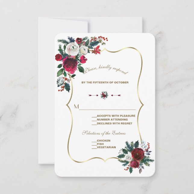 Chic Winter Burgundy Floral Pine Gold Wedding RSVP (Front)