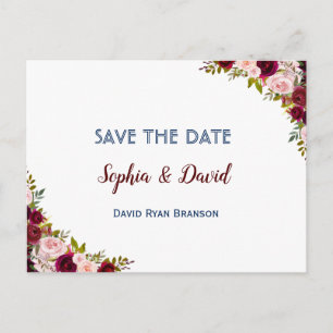 Chic Winter Burgundy Marsala Floral SAVE THE DATE Announcement Postcard