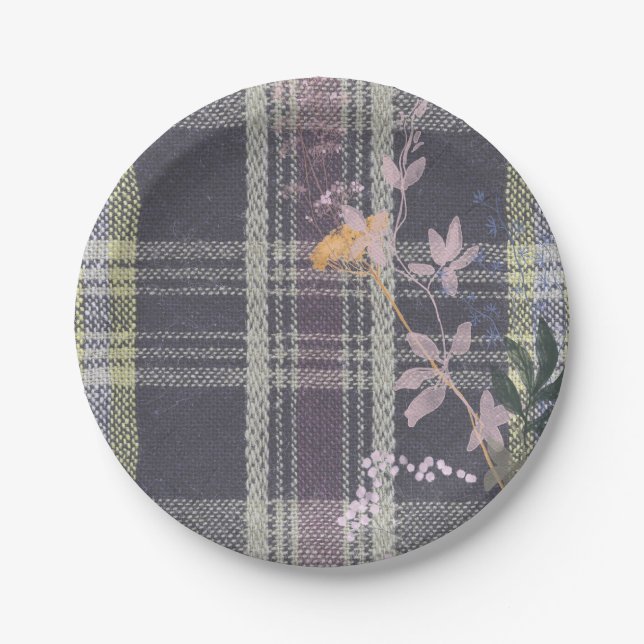Chic Winter Check Floral Plaid Farmhouse Paper Plate (Front)