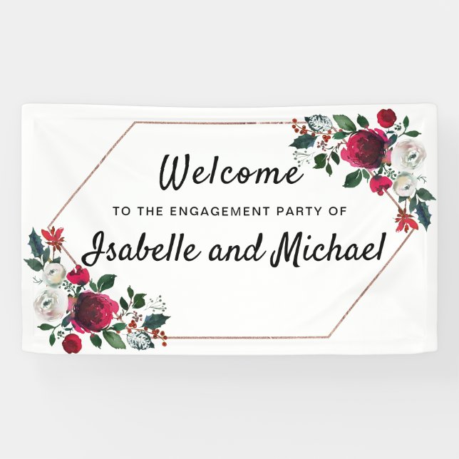 Chic Winter Engagement Party Welcome Red Floral Banner (Horizontal)