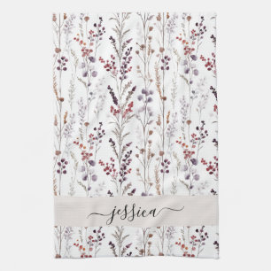 Chic winter flowers script name tea towel