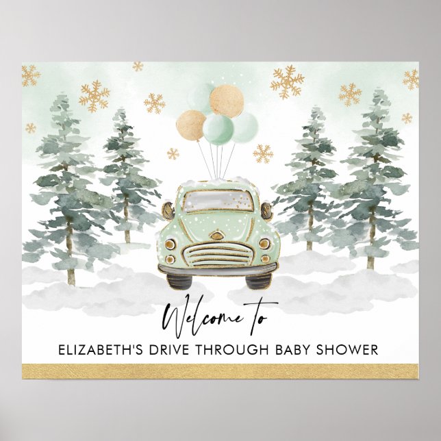Chic Winter Holiday Drive Thru Baby Shower Parade Poster (Front)