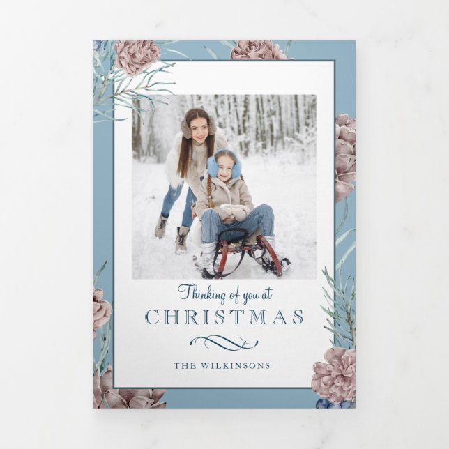 Chic Winter Holiday Pine on Blue Background Tri-Fold Card (Cover)