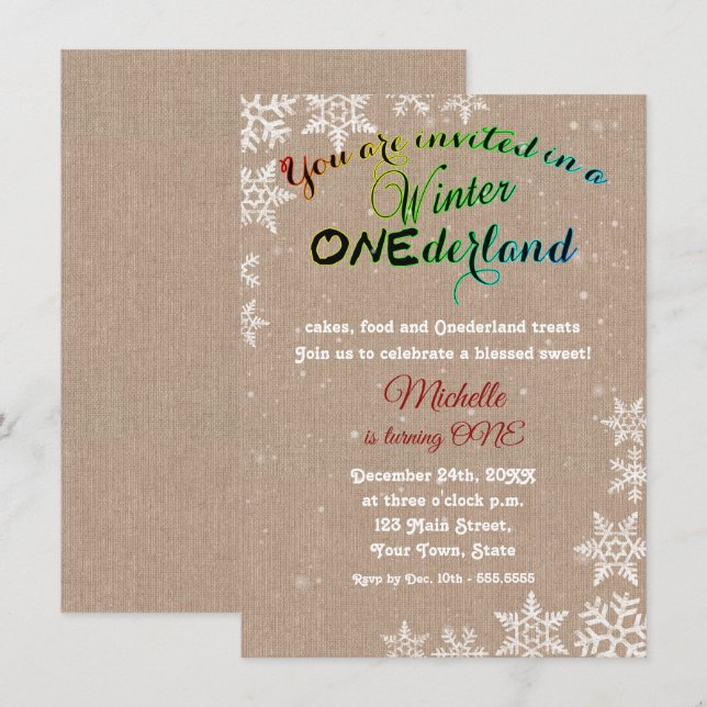 Chic Winter Onederland Girl First Birthday Party Invitation (Front/Back)