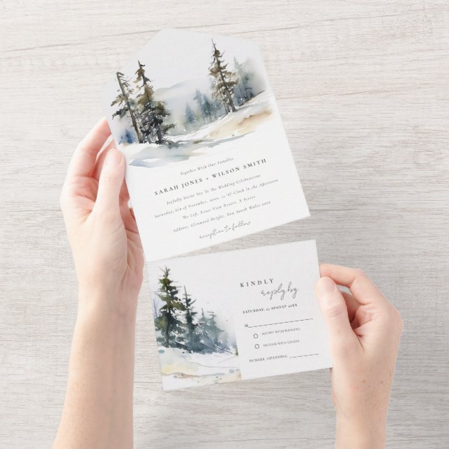 Chic Winter Pine Trees Snow Landscape Wedding All In One Invitation (Tearaway)
