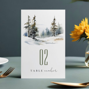 Chic Winter Pine Trees Snow Landscape Wedding Table Number