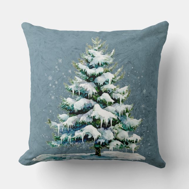 Chic Winter Watercolor Snowy Spruce Tree Monogram Cushion (Front)