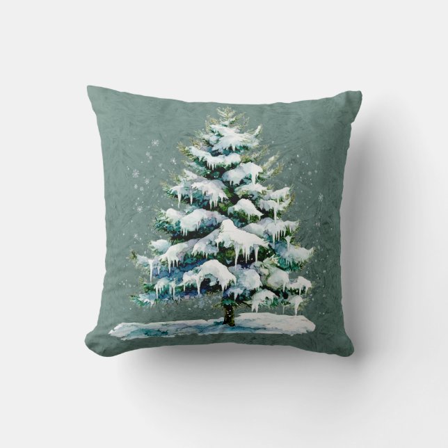 Chic Winter Watercolor Snowy Spruce Tree Monogram Cushion (Front)