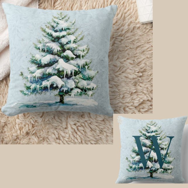 Chic Winter Watercolor Snowy Spruce Tree Monogram Cushion (Creator Uploaded)