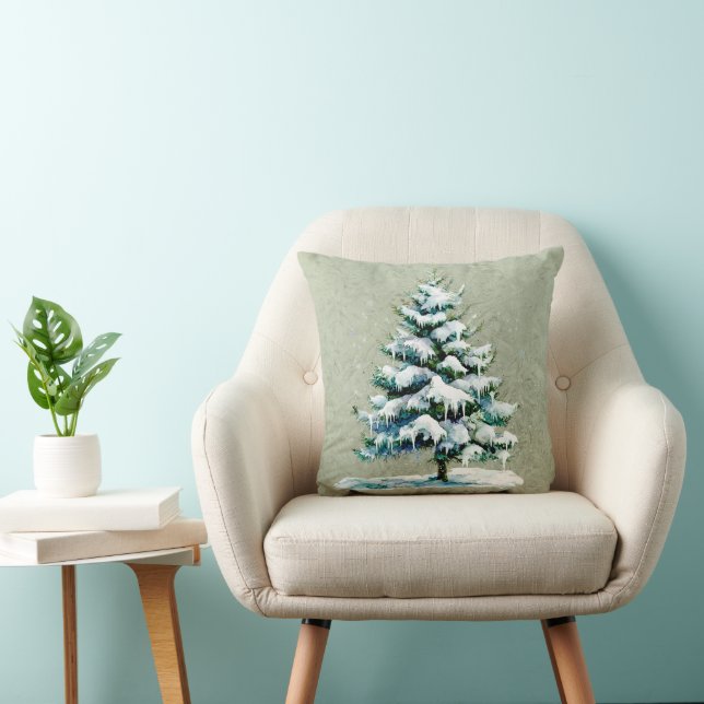 Chic Winter Watercolor Snowy Spruce Tree Monogram Cushion (Chair)