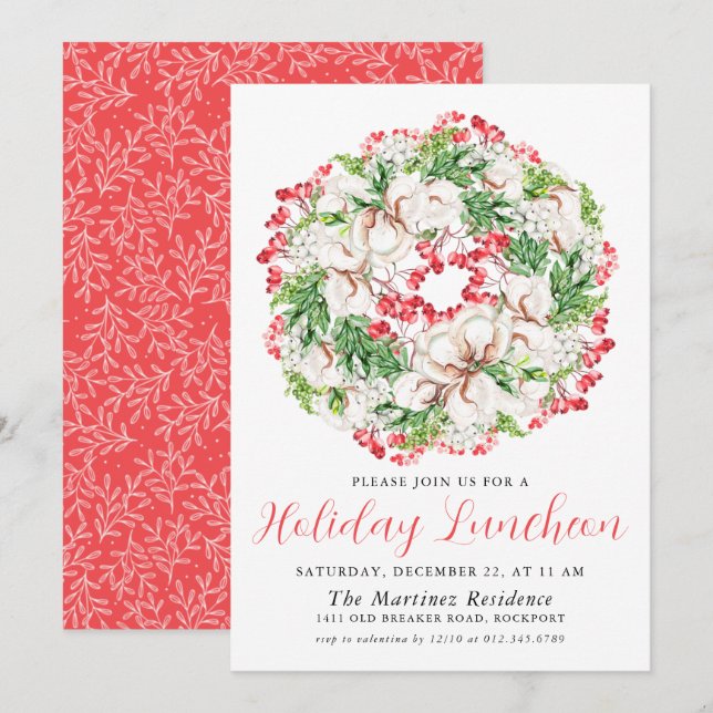 Chic Winter Watercolor Wreath Holiday Luncheon Invitation (Front/Back)