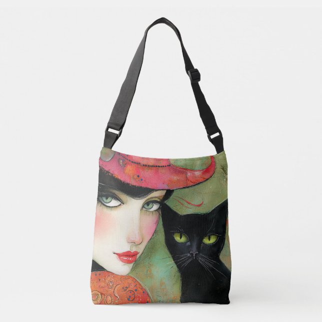 Chic Woman and Black Cat  Crossbody Bag (Front)