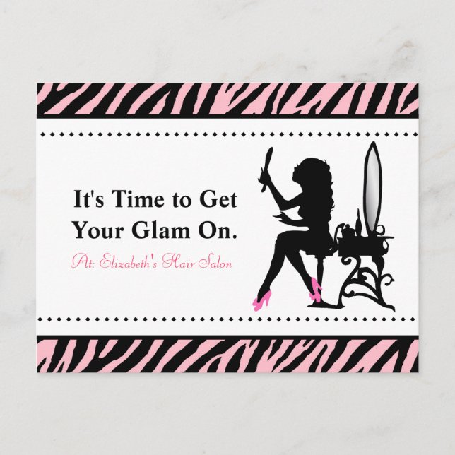 Chic Woman Pink and Black Zebra Hair Appointment Postcard (Front)