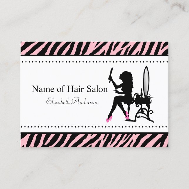 Chic Woman Pink and Black Zebra Hair Salon Business Card (Front)