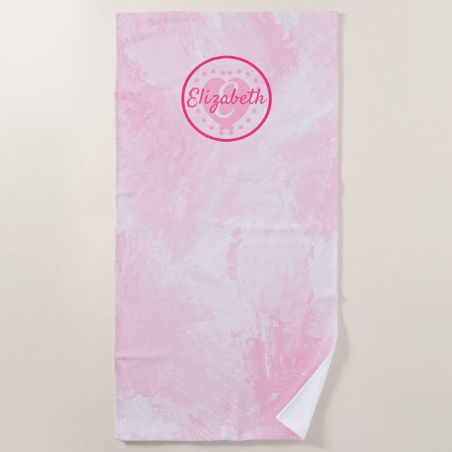 Chic Woman Pink Heart Name and Initial Monogram Beach Towel (Front)