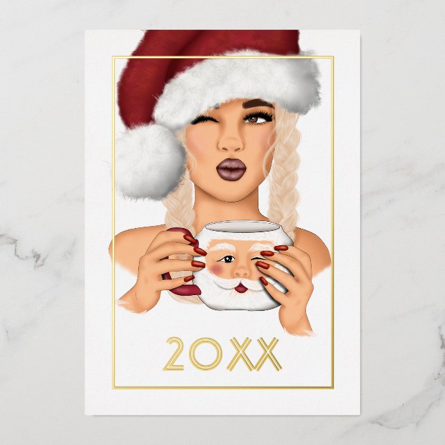 Chic Woman Santa Christmas Foil Holiday Card (Front)