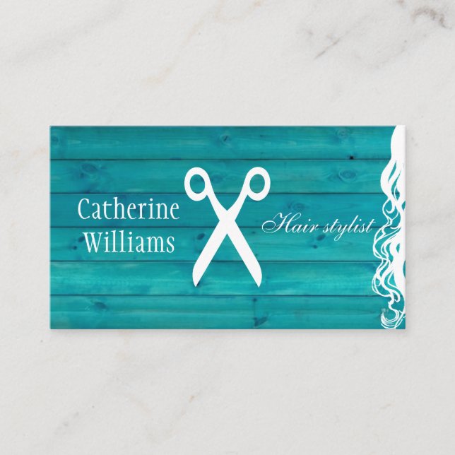 Chic wood blue turquoise hair stylist business card (Front)