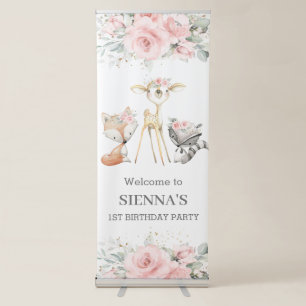 Chic Woodland Animal Pink Floral Birthday Welcome Retractable Banner