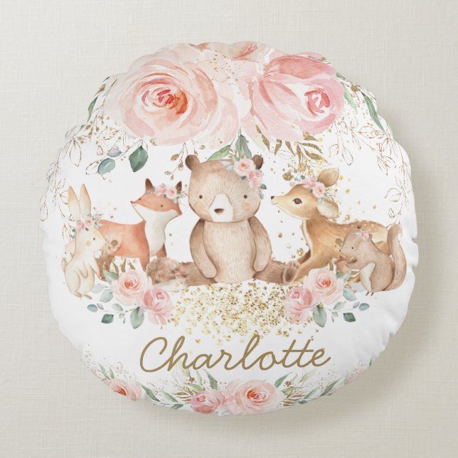 Chic Woodland Animals Blush Floral Girl Bedroom  Round Cushion (Front)