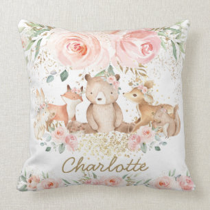 Chic Woodland Animals Blush Floral New Baby Girl Cushion