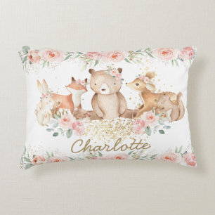 Chic Woodland Animals Blush Floral New Baby Girl Decorative Cushion