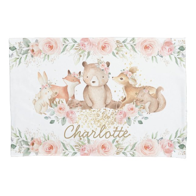 Chic Woodland Animals Blush Floral New Baby Girl Pillowcase (Front)