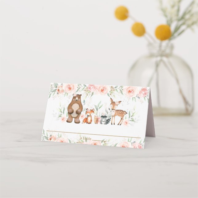 Chic Woodland Animals Blush Floral Shower Birthday Place Card (Front)