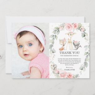 Chic Woodland Animals Floral 1st Birthday Photo Thank You Card